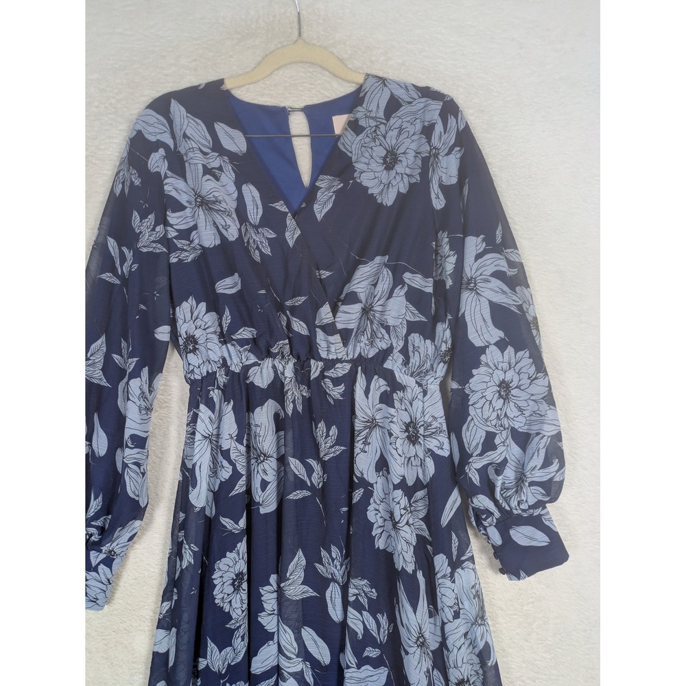 DM Fashion Maxi Dress Women's XS Blue Floral V-Neck Long Sleeve DM1946 Chiffon - Picture 3 of 10
